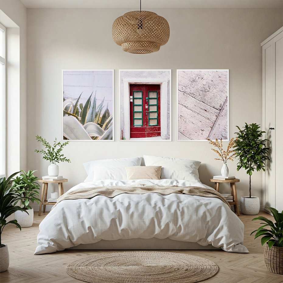 Zestaw obrazy w ramie, plakaty - rośliny, drzwi, drewno - rama biała