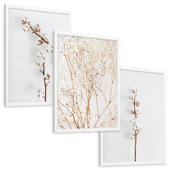 Zestaw obrazy w ramie, plakaty - bawełna, gałązki, delikatny - rama biała