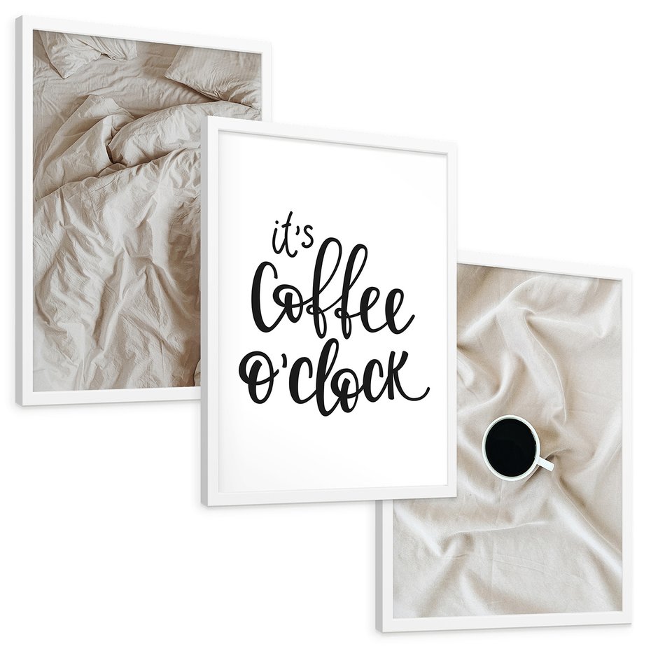 Zestaw obrazy w ramie, plakaty - pościel, kawa, relaks - rama biała