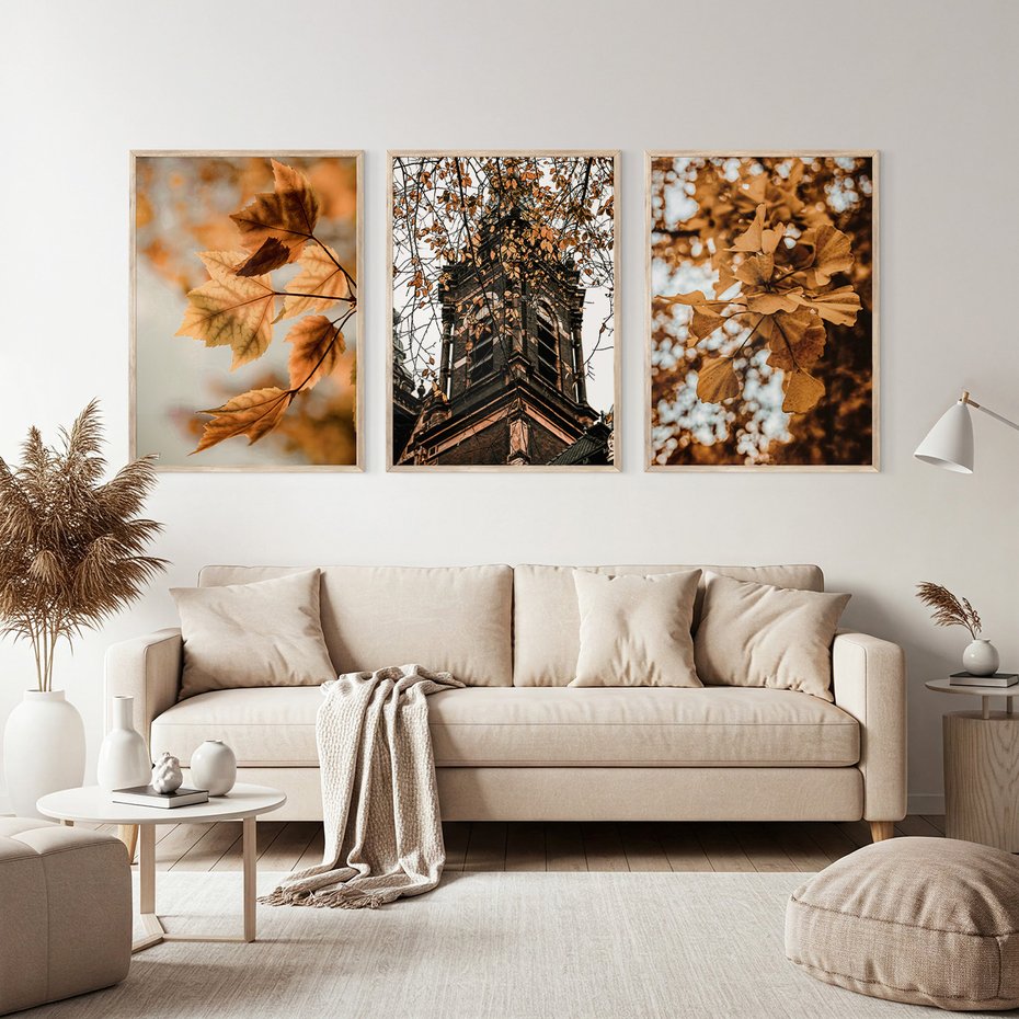 Zestaw obrazy w ramie, plakaty - liście, jesień, budynek - rama drewno