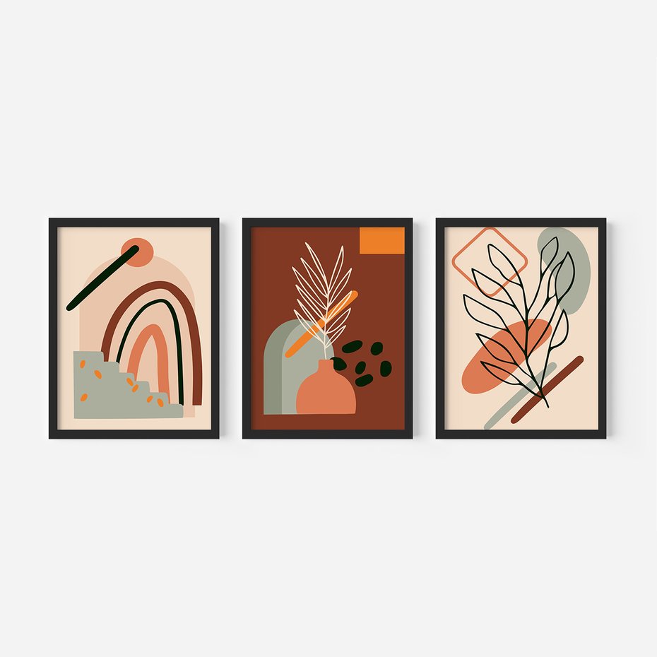 Zestaw obrazy w ramie, plakaty - abstrakcja, liście, rośliny - rama czarna