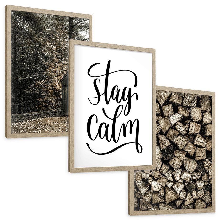 Zestaw obrazy w ramie, plakaty - drewno,domek,las - rama drewno