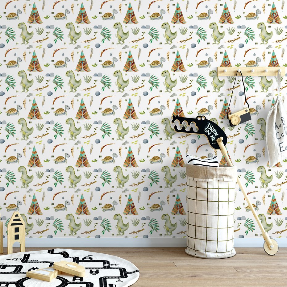 Tapeta - dziecięca, dinozaur, tipi, żółw