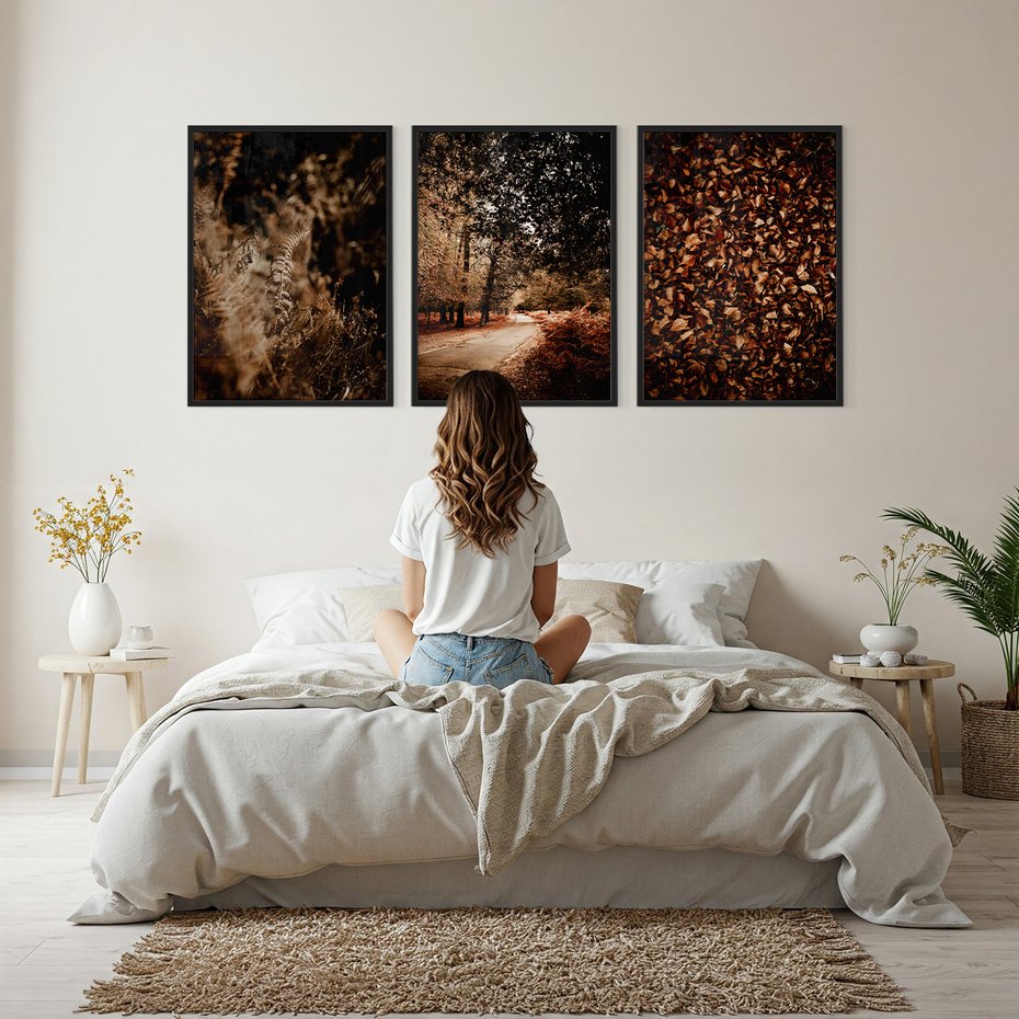Zestaw obrazy w ramie, plakaty - jesień, liście, natura - rama czarna