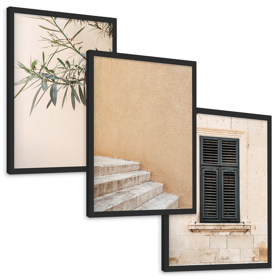 Zestaw obrazy w ramie, plakaty - liście, budynek, okno - rama czarna