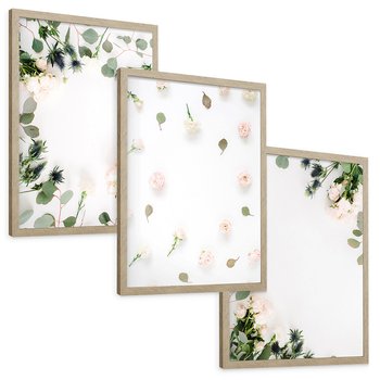 Zestaw obrazy w ramie, plakaty - kwiaty, liście, eukaliptus - rama drewno