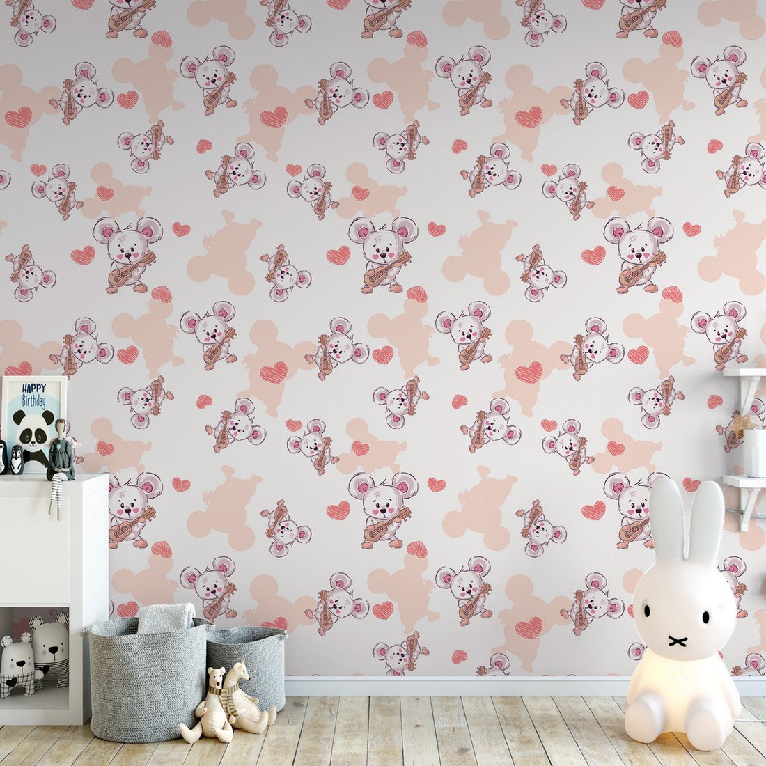 Tapeta - dziecięca, myszka, gitara, serce