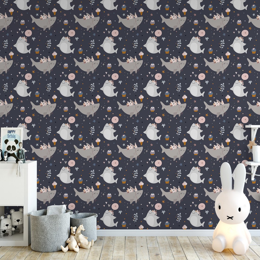 Tapeta - dziecięca, rekin, babeczka, gwiazdy