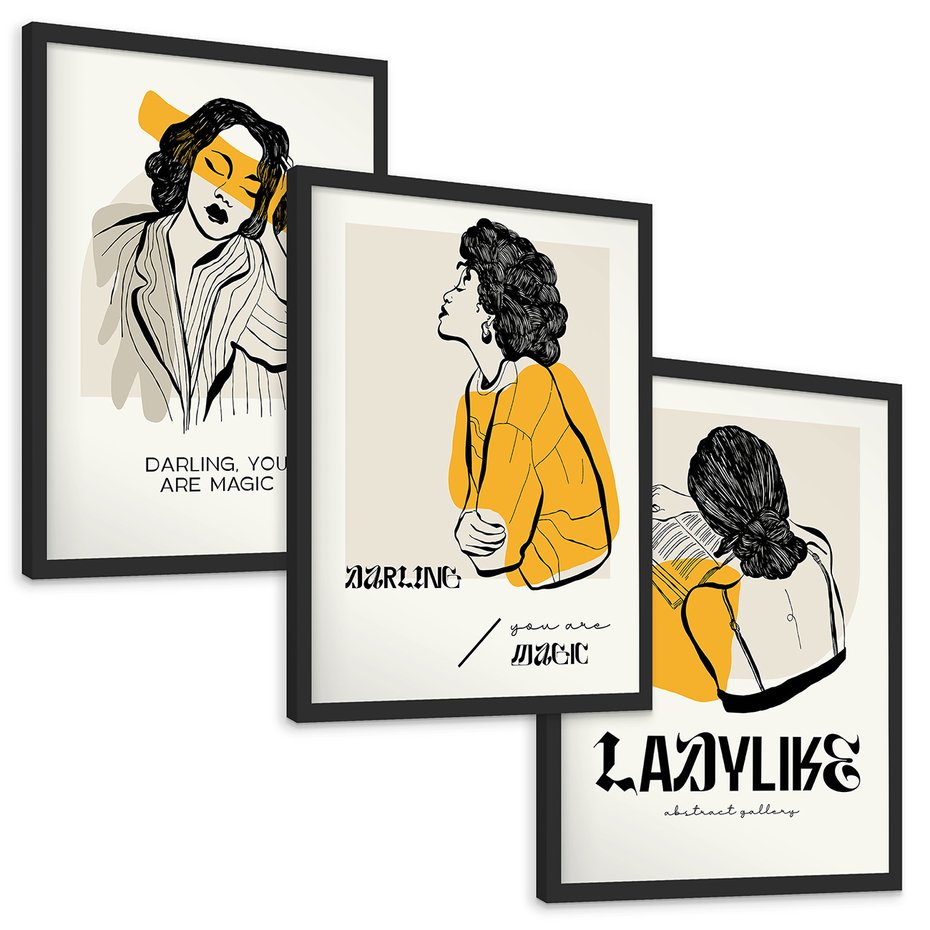 Zestaw obrazy w ramie, plakaty - kobieta, rysunek, portret - rama czarna