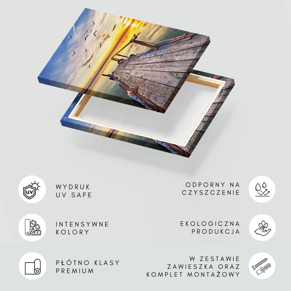 Obraz na płótnie - zachód słońca, jezioro, ptaki