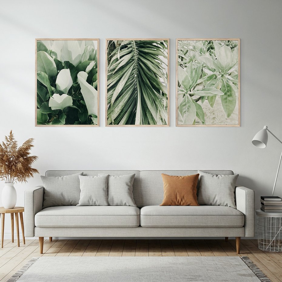 Zestaw obrazy w ramie, plakaty - liście, tropikalne, roślina - rama drewno