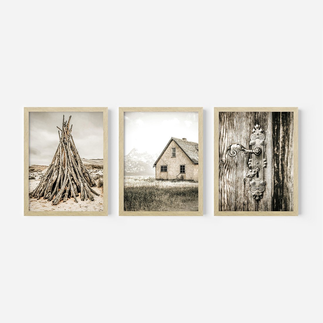 Zestaw obrazy w ramie, plakaty - vintage, dom, drewno - rama drewno