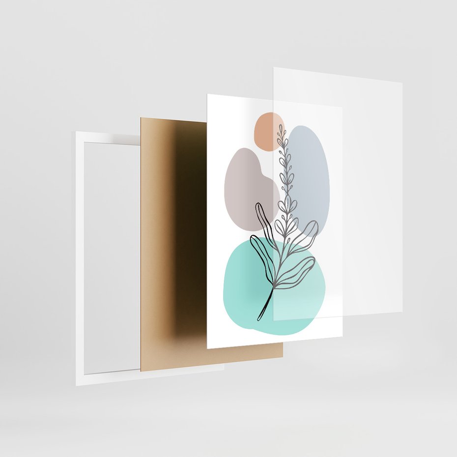 Zestaw obrazy w ramie, plakaty - liście, gałązki, abstrakcja - rama biała