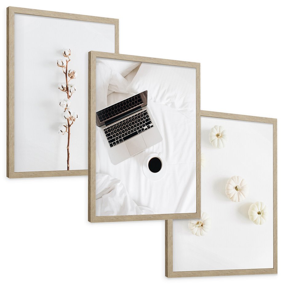 Zestaw obrazy w ramie, plakaty - bawełna,dynie,laptop - rama drewno