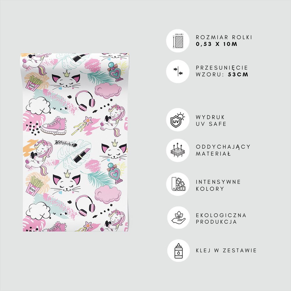 Tapeta - dziecięca, jednorożec, kot, słuchawki