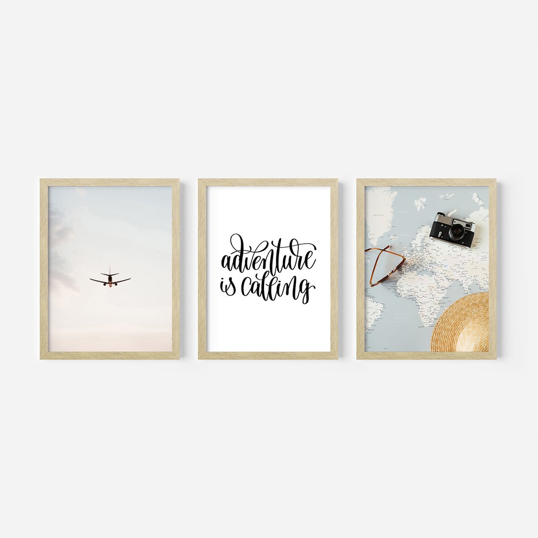 Zestaw obrazy w ramie, plakaty - podróż, samolot, mapa - rama drewno