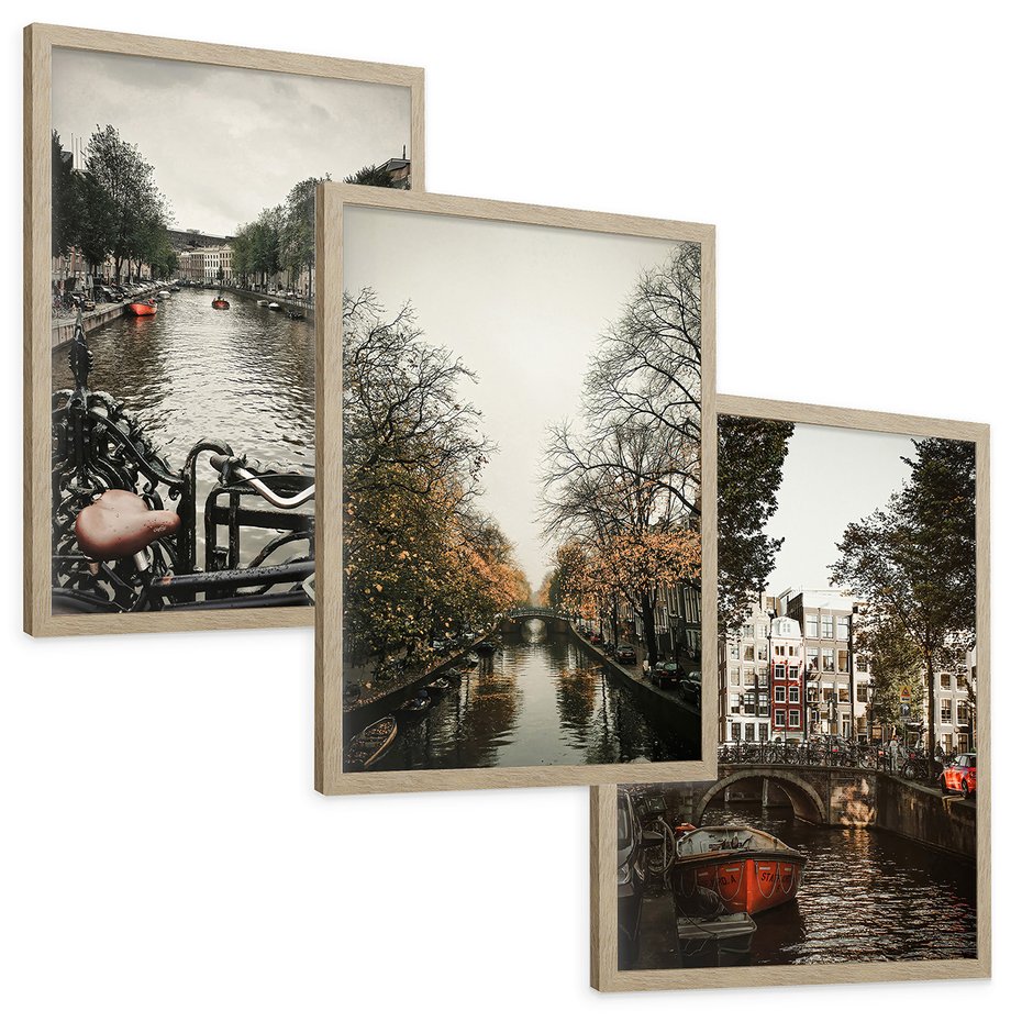 Zestaw obrazy w ramie, plakaty - Amsterdam, kanał, miasto - rama drewno