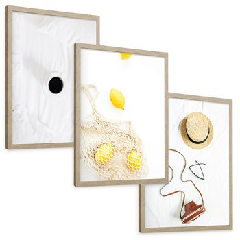 Zestaw obrazy w ramie, plakaty - śniadanie, cytryny, minimalizm - rama drewno