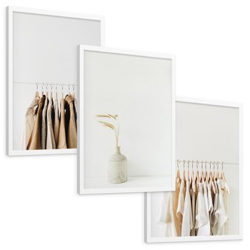 Zestaw obrazy w ramie, plakaty - ubrania, wazon, beżowy - rama biała
