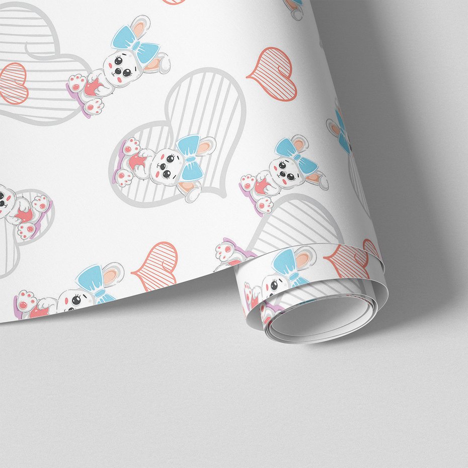 Tapeta - dziecięca, królik, serce, kokarda