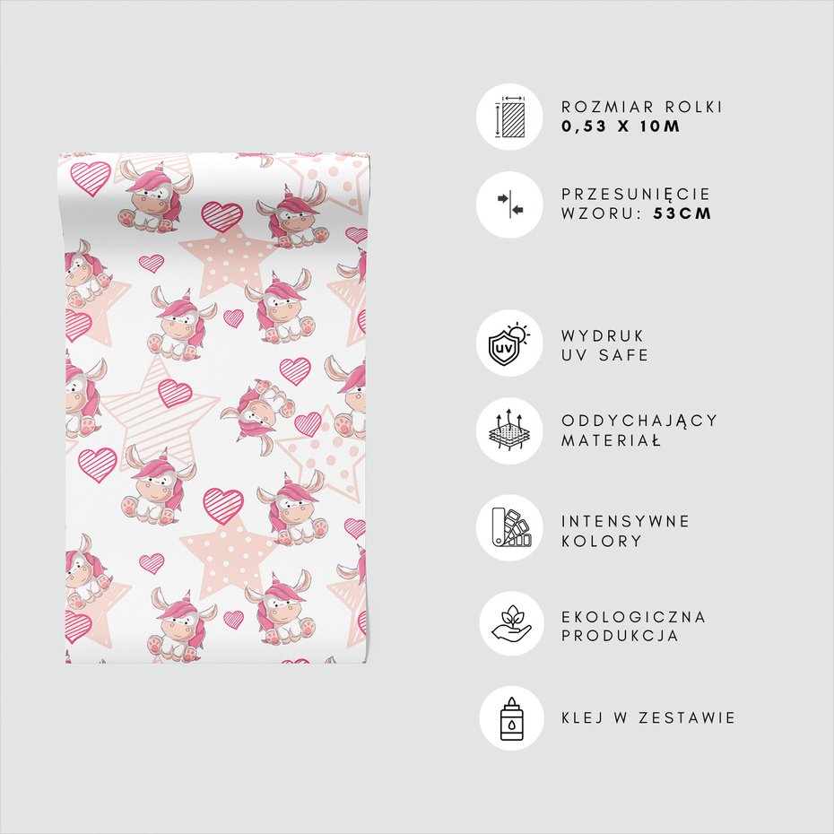 Tapeta - dziecięca, jednorożec, gwiazdy, serca