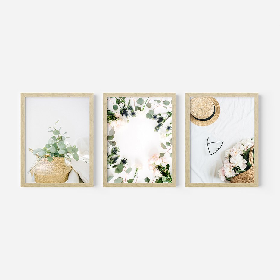 Zestaw obrazy w ramie, plakaty - kwiaty, liście, eukaliptus - rama drewno