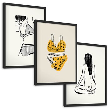 Zestaw obrazy w ramie, plakaty - kobieta, bielizna, ciało - rama czarna