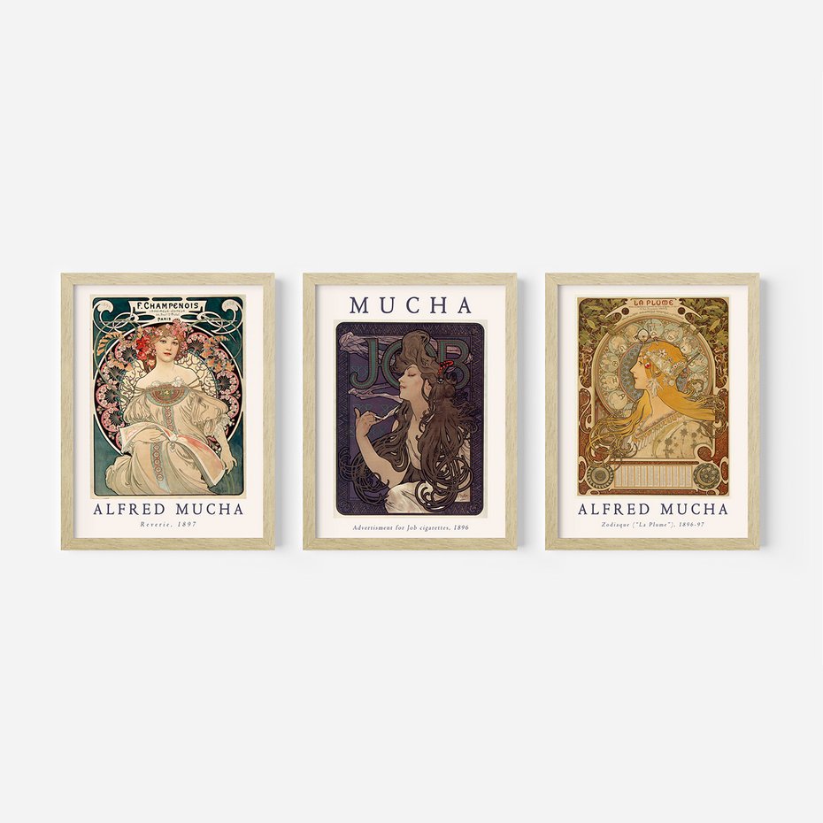 Zestaw obrazy w ramie, plakaty - Mucha, secesja, artystyczne - rama drewno
