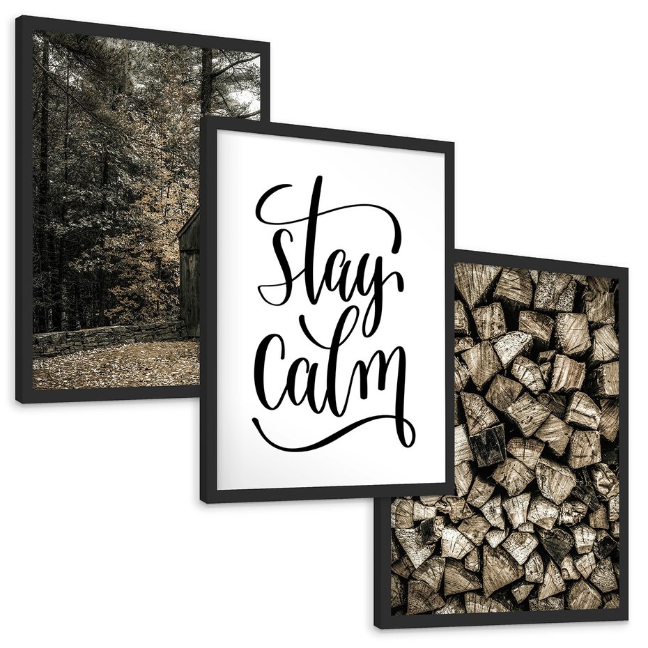 Zestaw obrazy w ramie, plakaty - drewno,domek,las - rama czarna