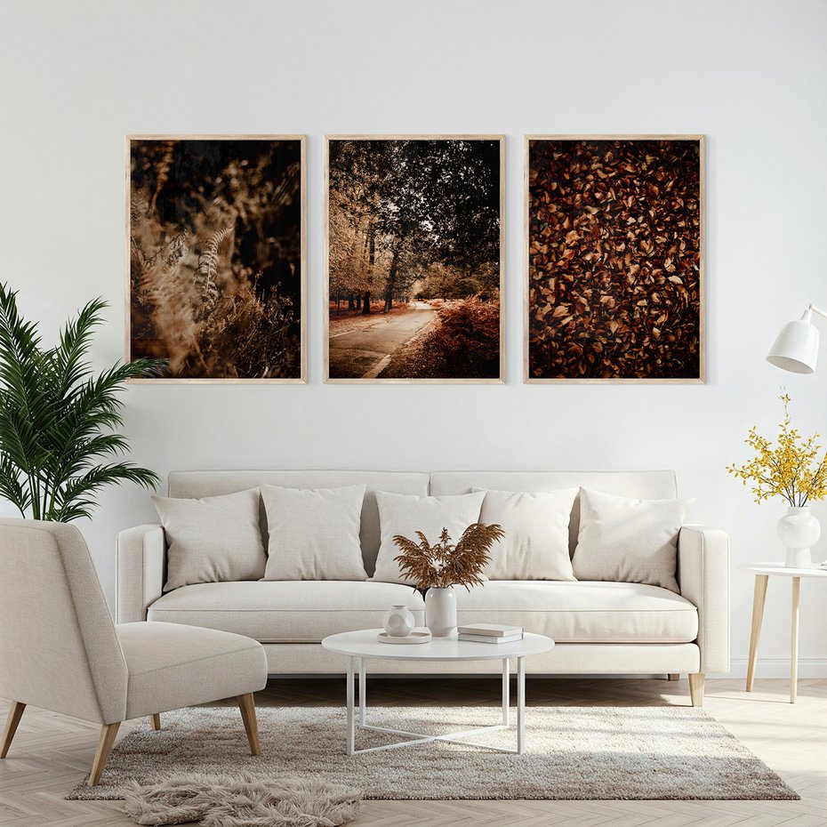 Zestaw obrazy w ramie, plakaty - jesień, liście, natura - rama drewno