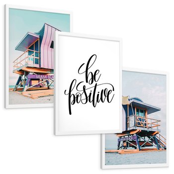 Zestaw obrazy w ramie, plakaty - plaża, budka ratownicza, morze - rama biała