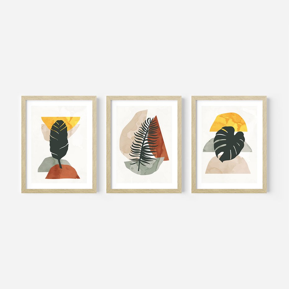 Zestaw obrazy w ramie, plakaty - liście, abstrakcja, rośliny - rama drewno