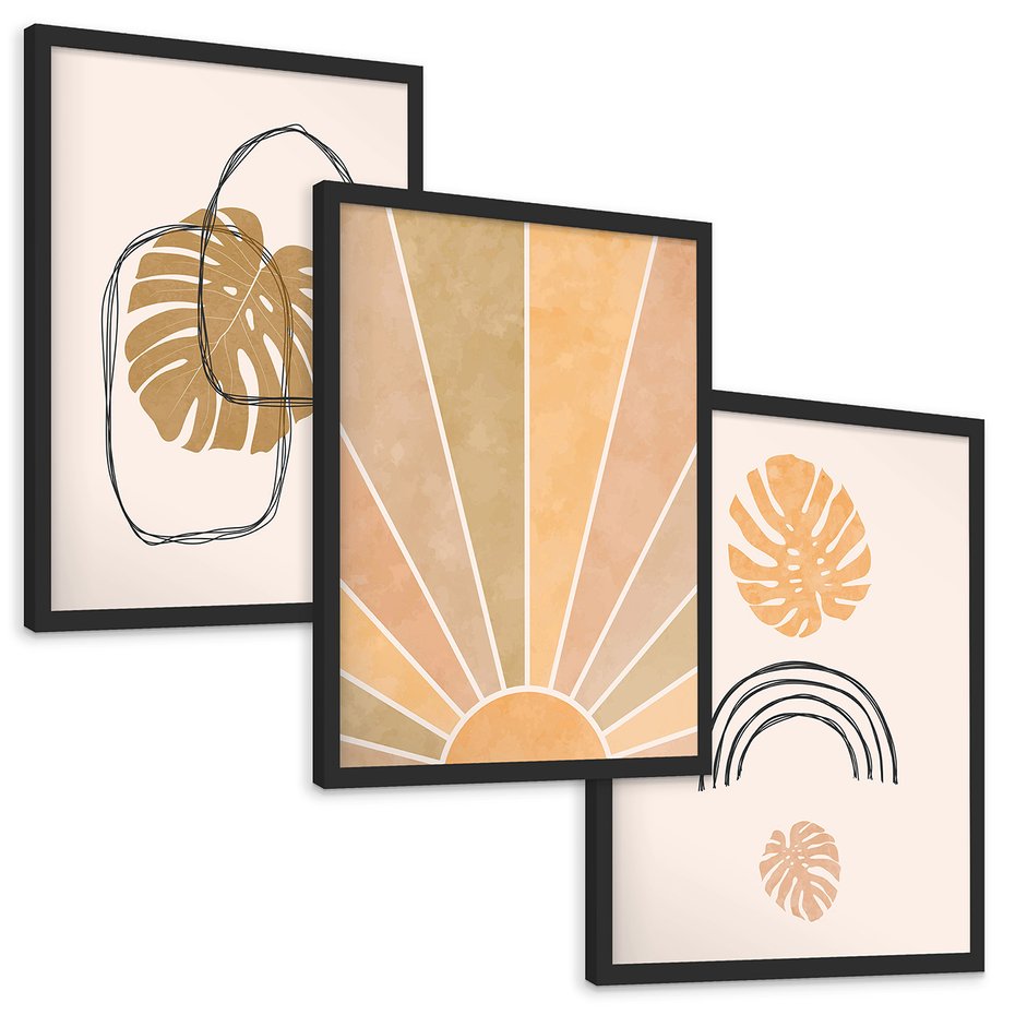 Zestaw obrazy w ramie, plakaty - liście, monstera, abstrakcja - rama czarna
