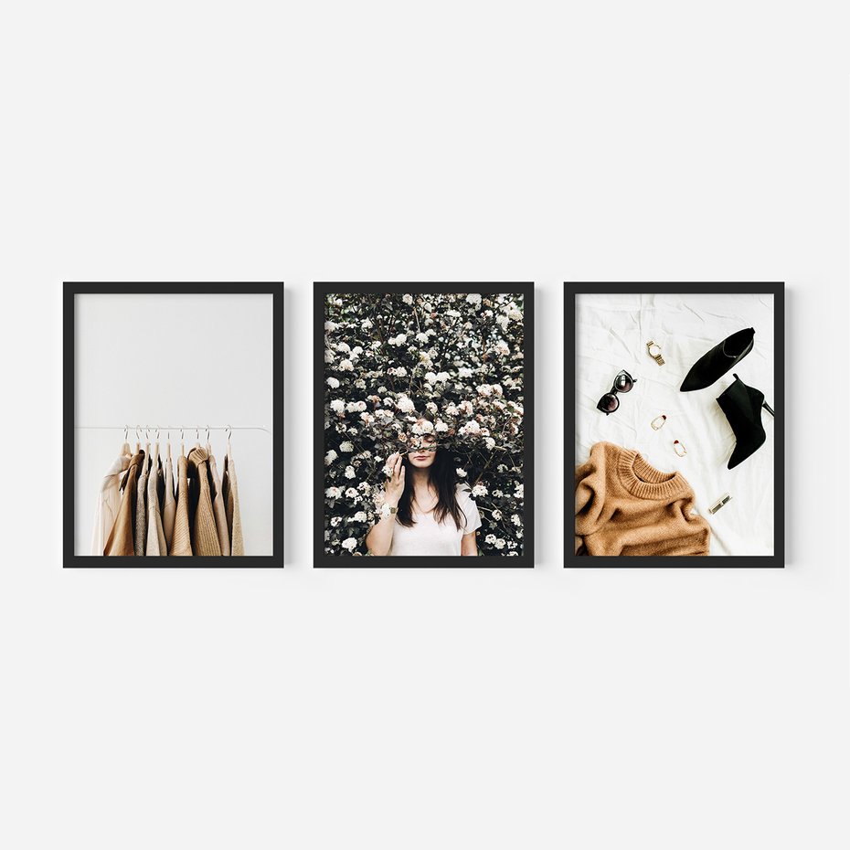 Zestaw obrazy w ramie, plakaty - ubrania, kobieta, styl - rama czarna