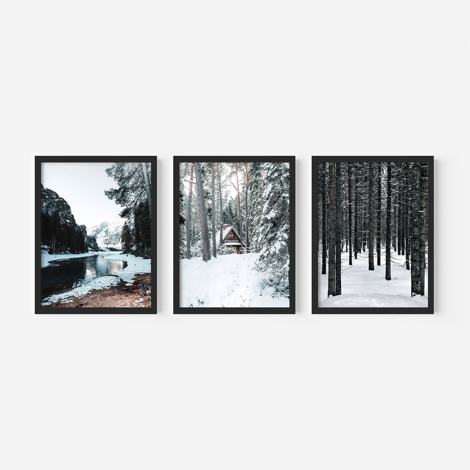 Zestaw obrazy w ramie, plakaty - zima, śnieg, las - rama czarna