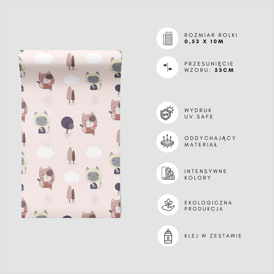 Tapeta - dziecięca, koty, chmury, drzewa