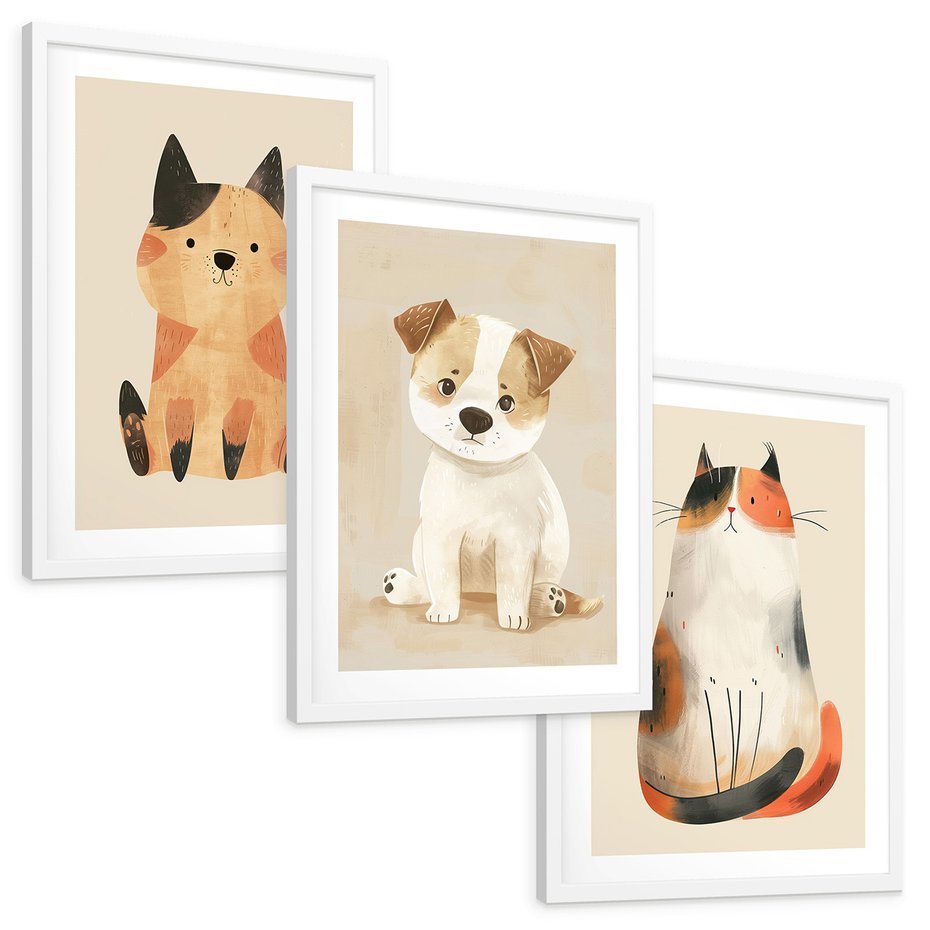 Zestaw obrazy w ramie, plakaty - zwierzęta, kot, pies - rama biała