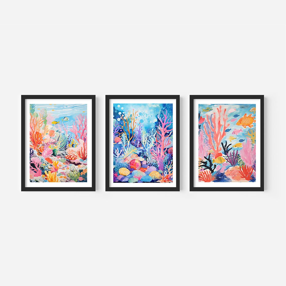 Zestaw obrazy w ramie, plakaty - podwodny, rafa, ryby - rama czarna