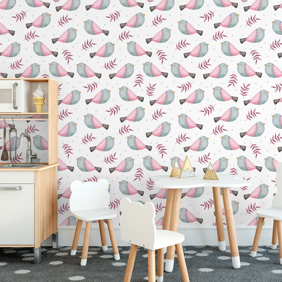 Tapeta - dziecięca, ptaki, liście, kropki