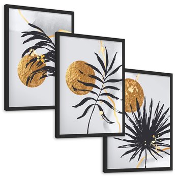 Zestaw obrazy w ramie, plakaty - liście, abstrakcja, złoto - rama czarna