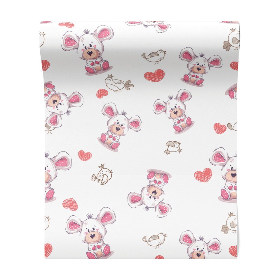 Tapeta - dziecięca, misie, ptaki, serca