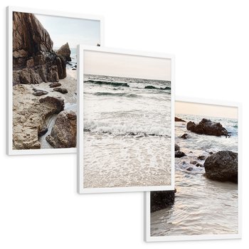 Zestaw obrazy w ramie, plakaty - plaża, morze, skały - rama biała