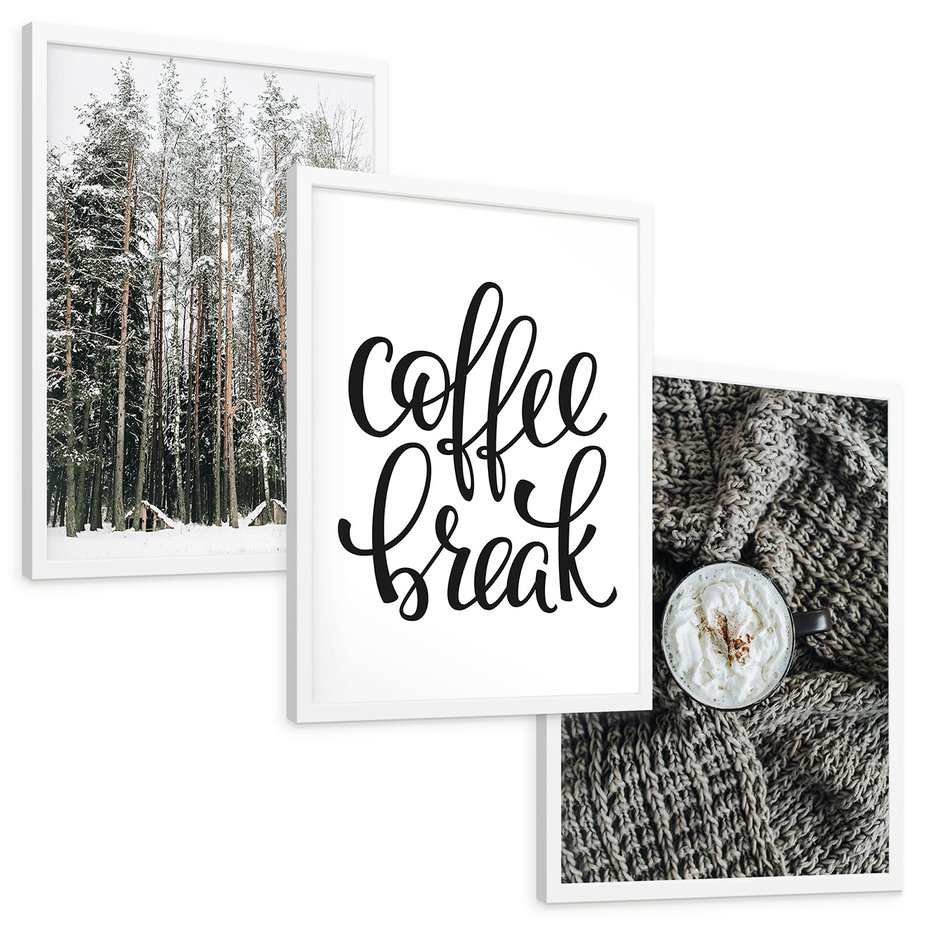 Zestaw obrazy w ramie, plakaty - zima, las, napój - rama biała