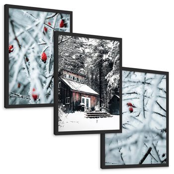 Zestaw obrazy w ramie, plakaty - zima, śnieg, mróz - rama czarna