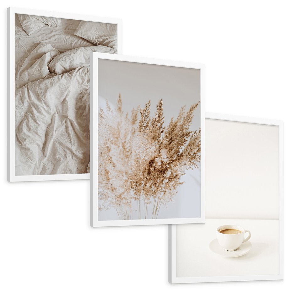 Zestaw obrazy w ramie, plakaty - beżowy, kawa, trawa - rama biała