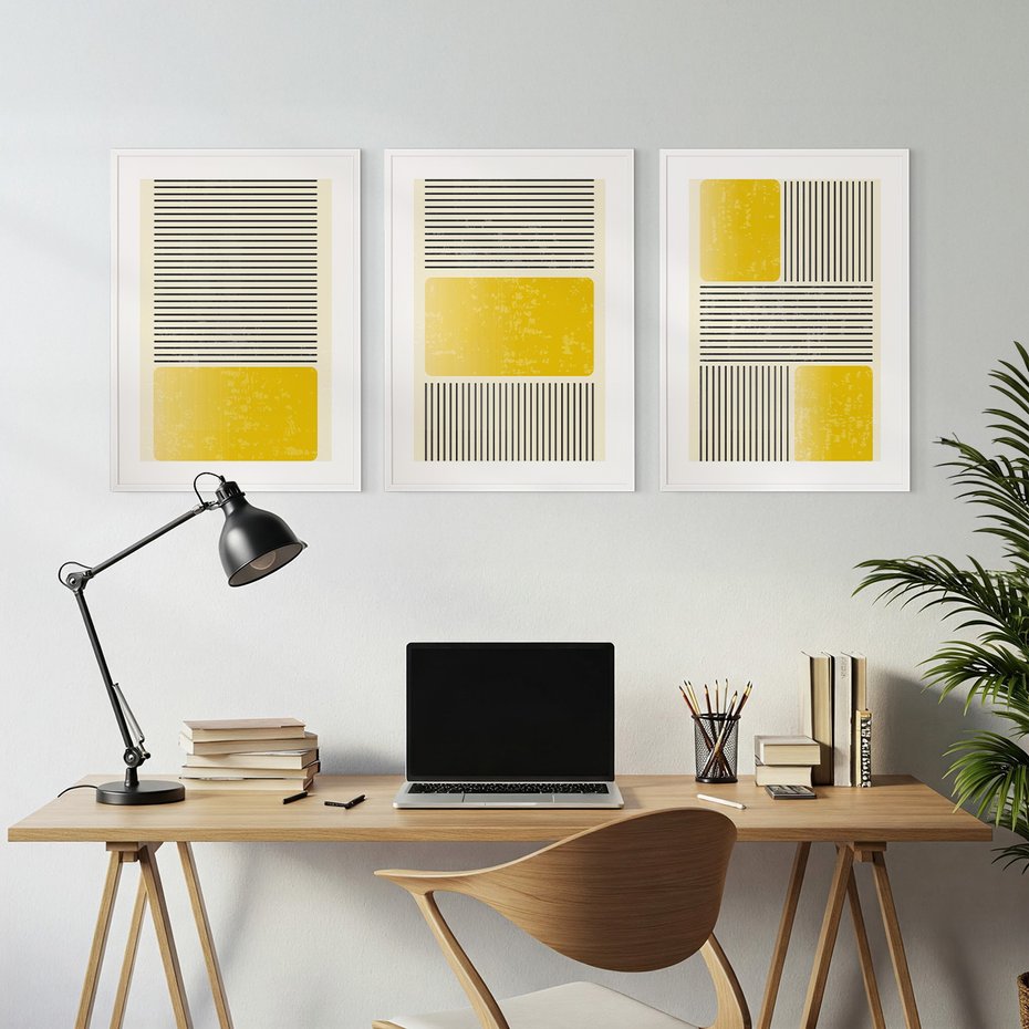 Zestaw obrazy w ramie, plakaty - linie, geometryczny, abstrakcja - rama biała