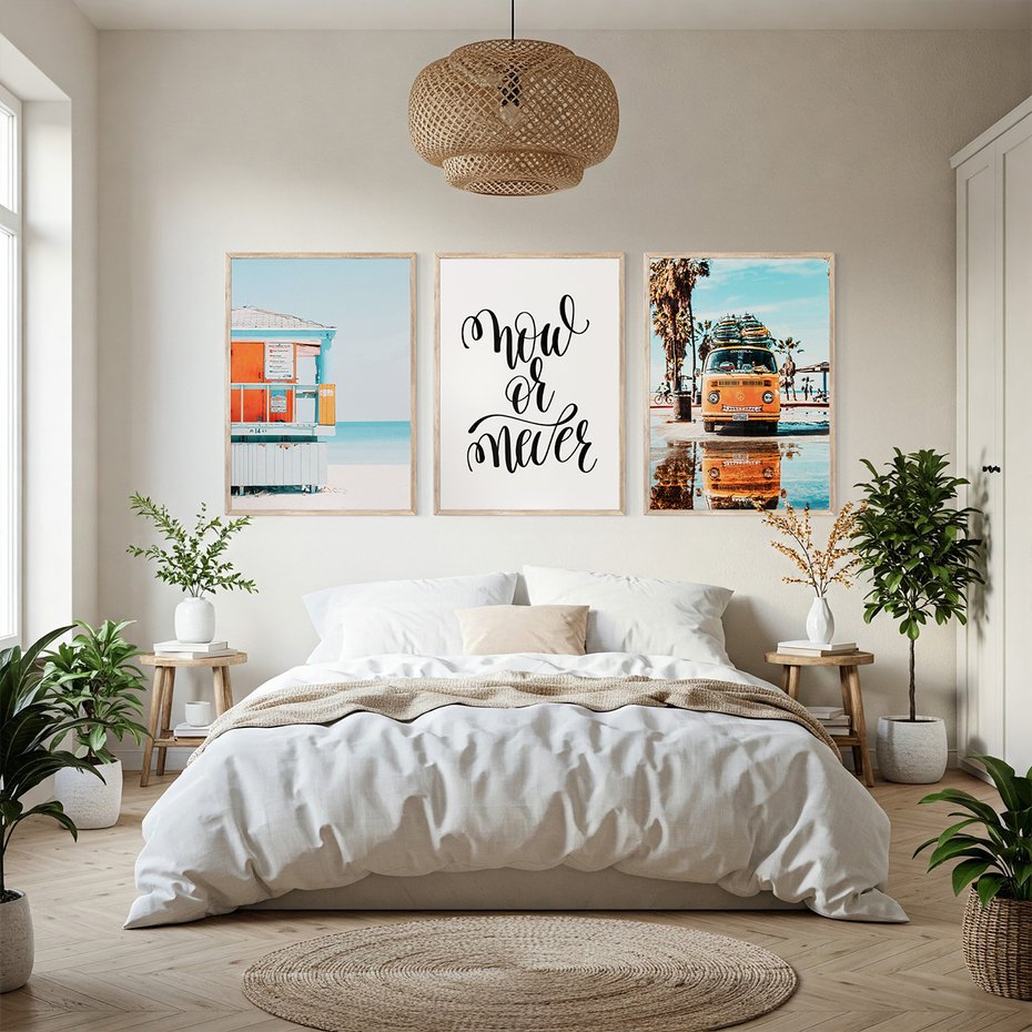 Zestaw obrazy w ramie, plakaty - plaża, lato, wakacje - rama drewno