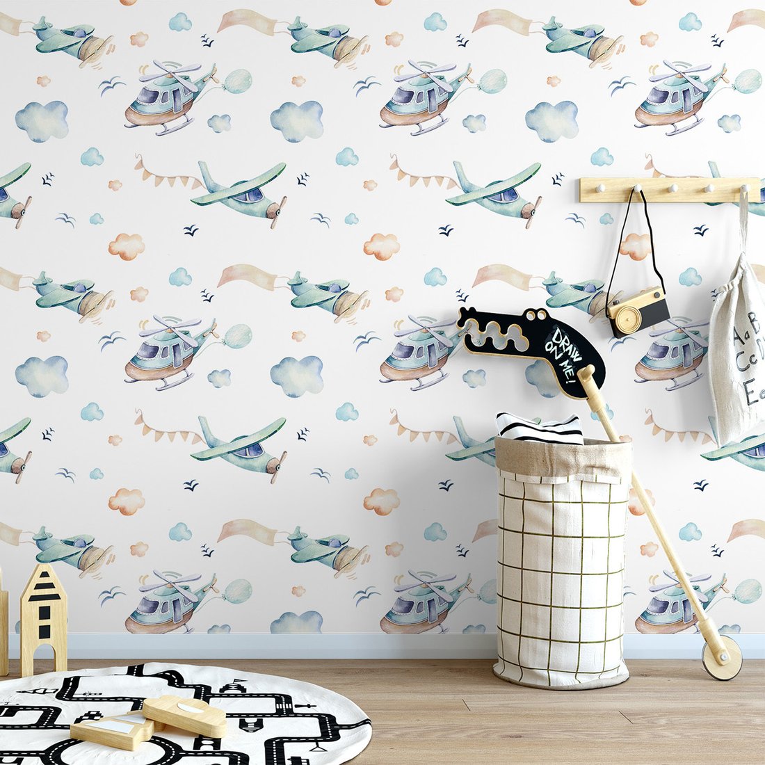 Tapeta - dziecięca, samoloty, helikopter, chmury