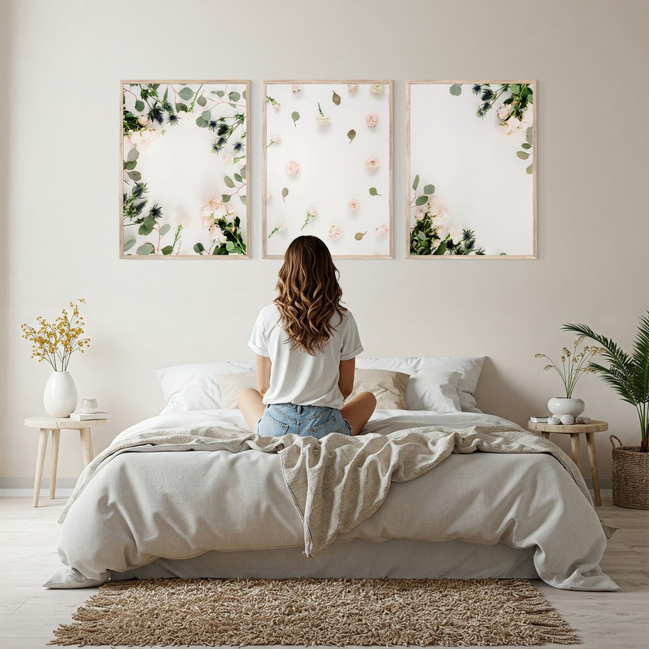 Zestaw obrazy w ramie, plakaty - kwiaty, liście, eukaliptus - rama drewno