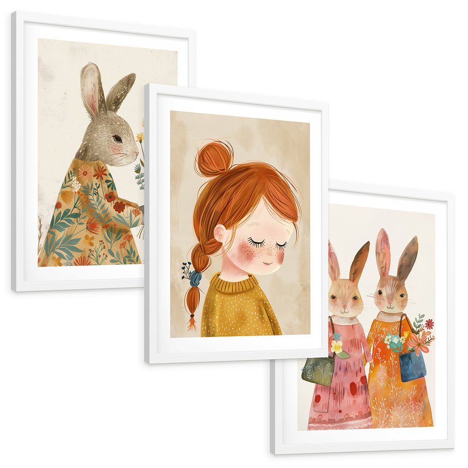 Zestaw obrazy w ramie, plakaty - króliki, dziewczynka, kwiaty - rama biała